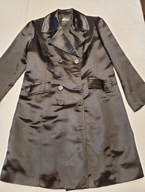 Brandon Thomas Black Satin Trench Coat XL Double Breasted Genuine Leather Trim L